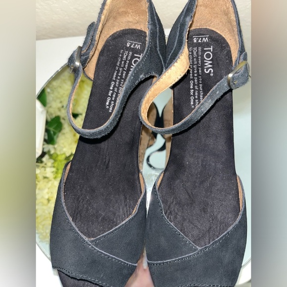 TOMS Black Suede and Cork Wedge Sandals - Picture 3 of 12